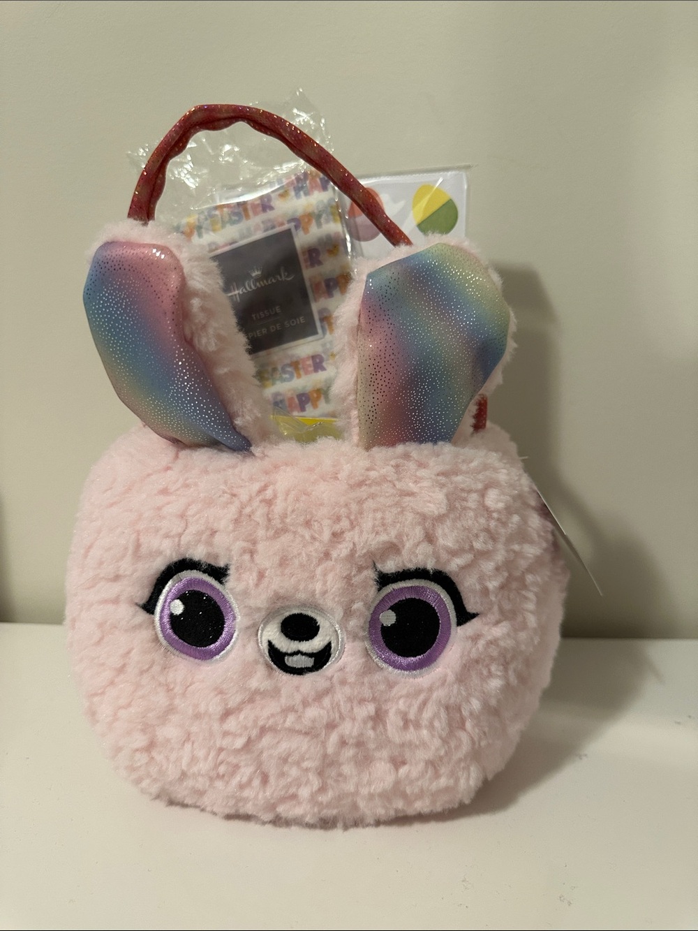 Plush Bunny Tote for Kids Easter Pink with Rainbow Ears 6PCS.
